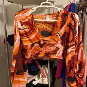 Orange Marbel Long Sleeve Crop Top
